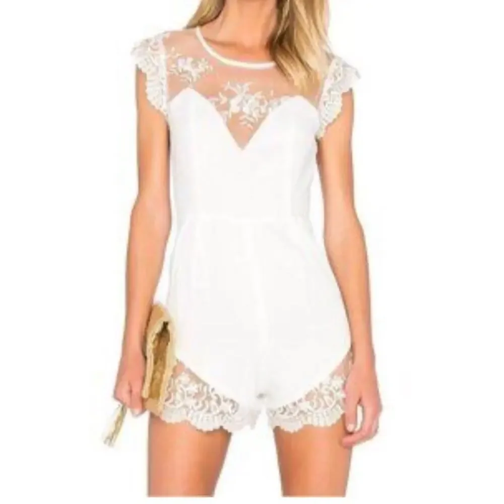 Revolve NBD Sz X-Small Ivory Picnic Day Embroidered Sheer Lace Mesh Short Romper